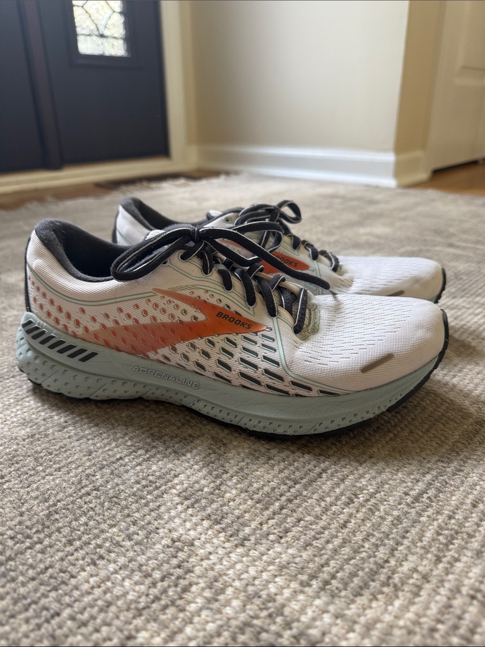 Brooks Women’s Adrenaline Running Shoes - White with Coral and Light Blue